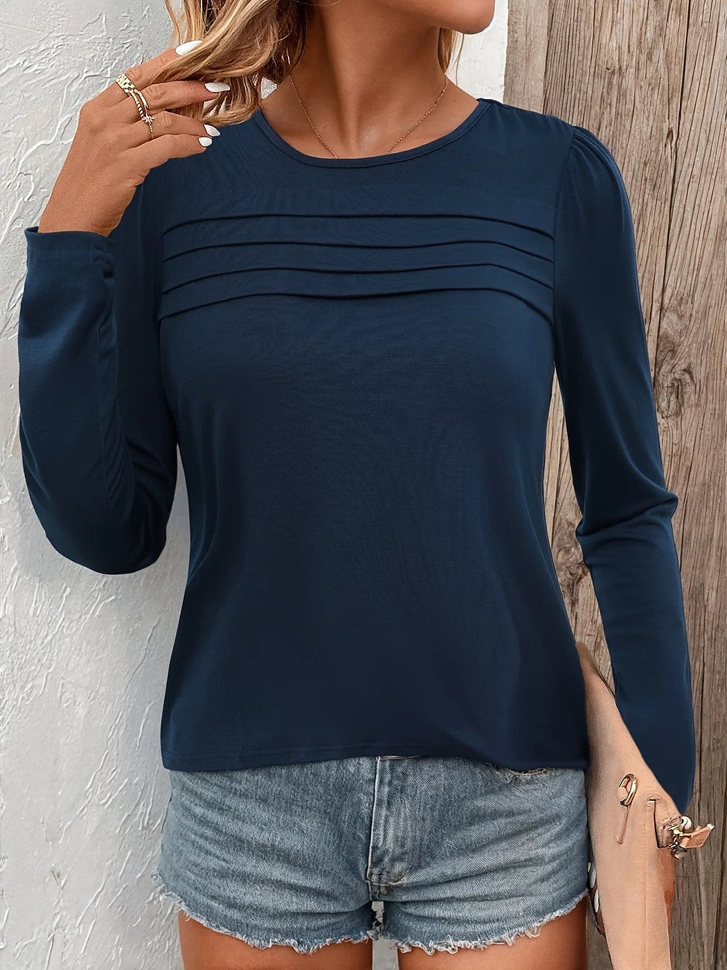 Women's Pleated Front Crew Neck Blouse