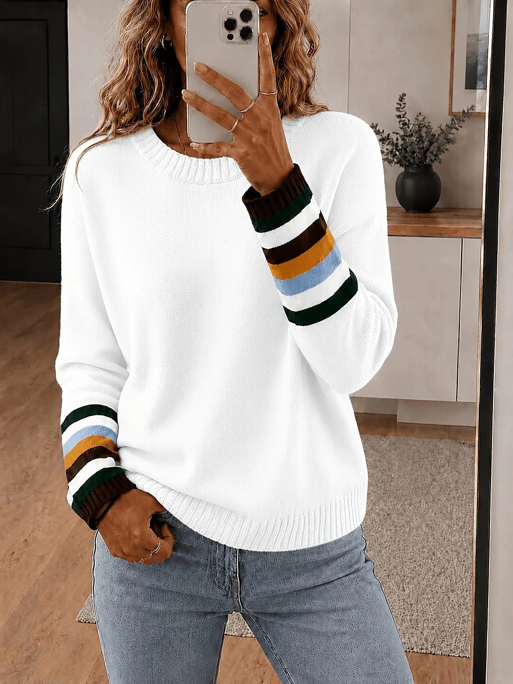 Women's Contrast Stripe Cuff Crewneck Sweater