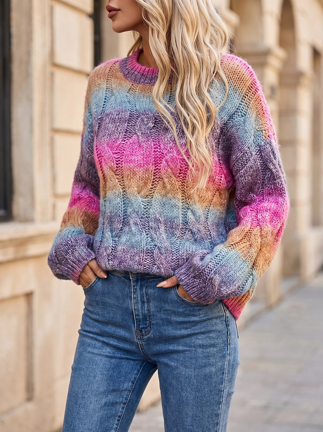 Women's Ombre Cable Knit Balloon Sleeve Sweater