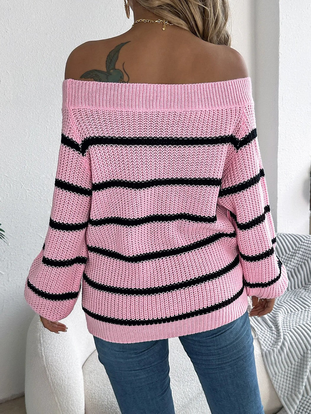 Women's Wide Neck Stripe Puff Sleeve Sweater