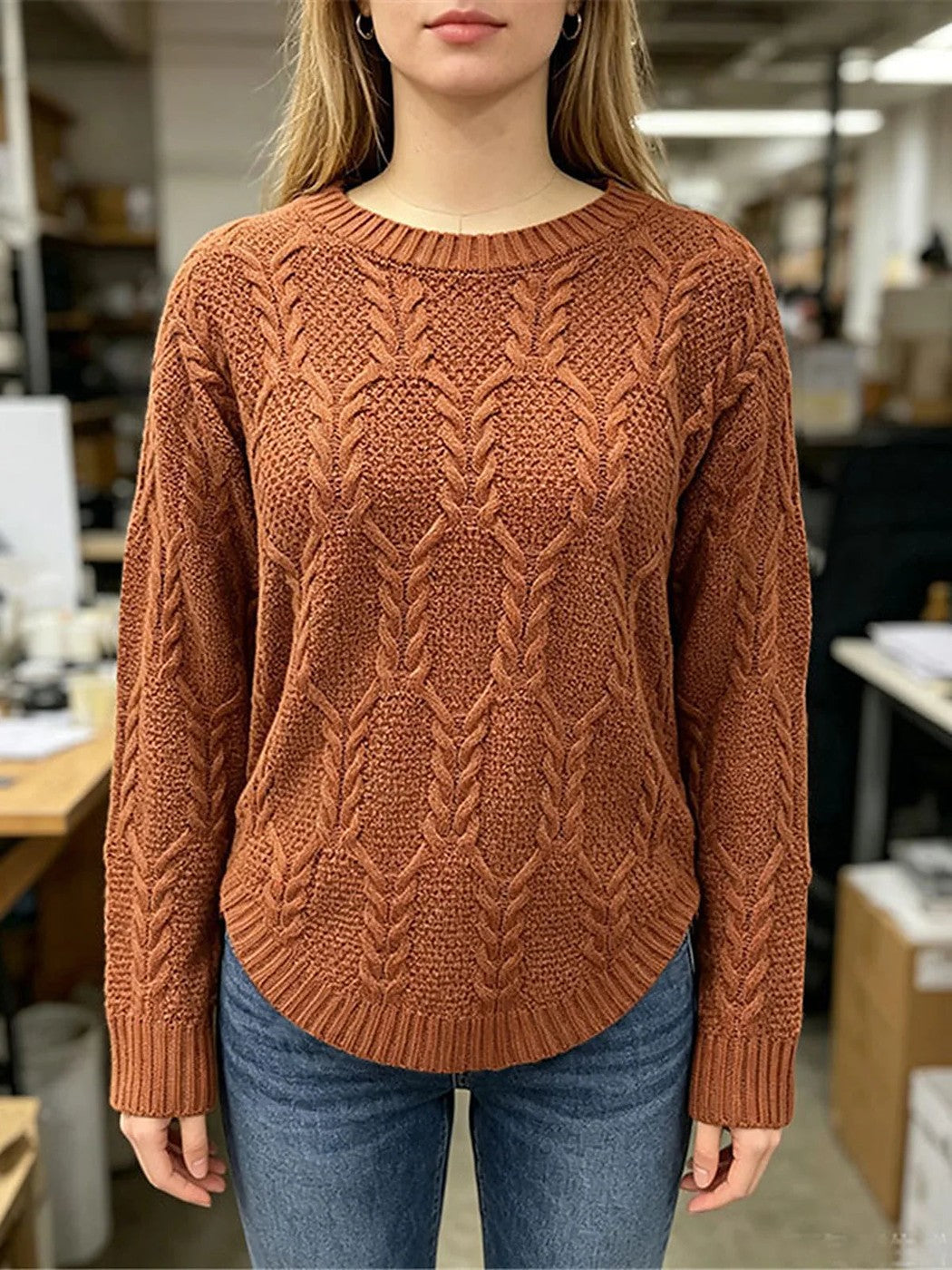 Women's Textured Cable Crewneck Pullover Sweater