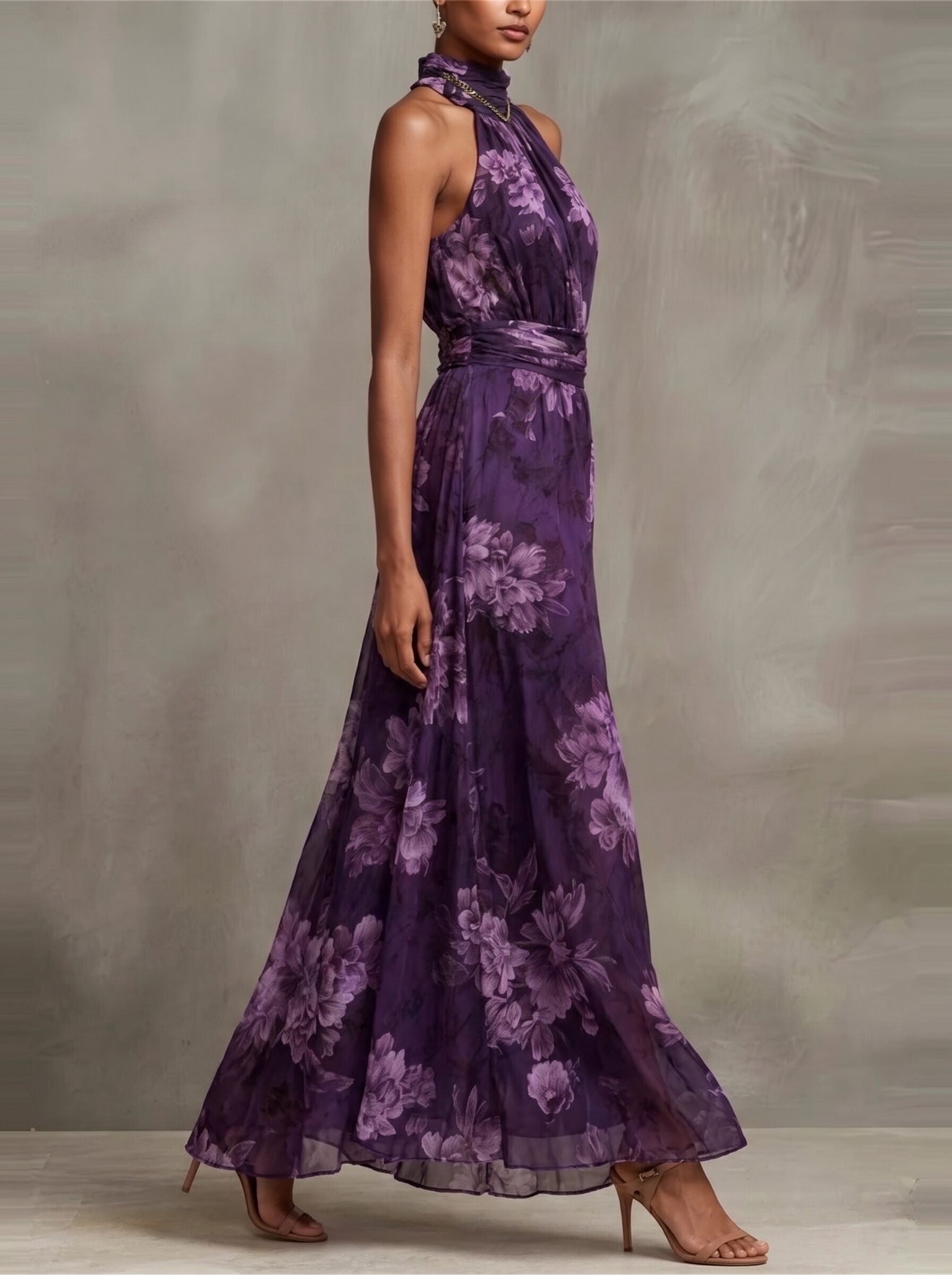 Women's Draped Midi Dress in Purple Floral