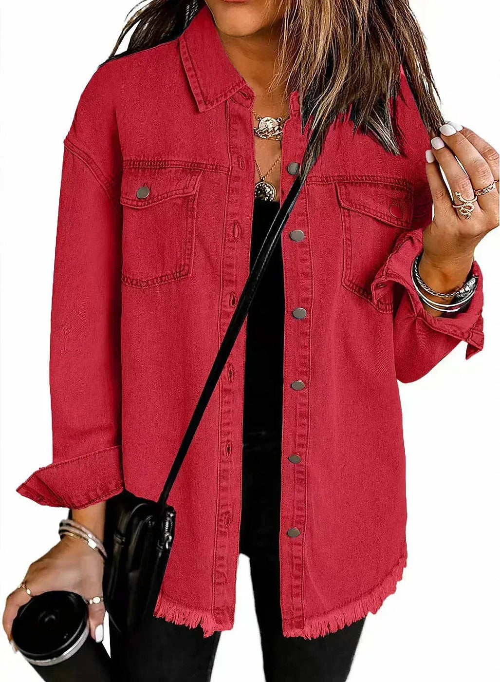 Women's Relaxed Frayed Hem Denim Shacket
