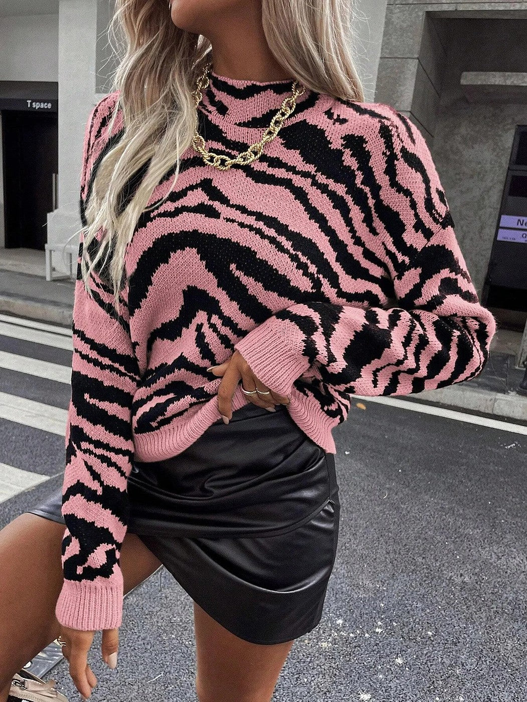 Women's Cropped Zebra Print Turtleneck Sweater