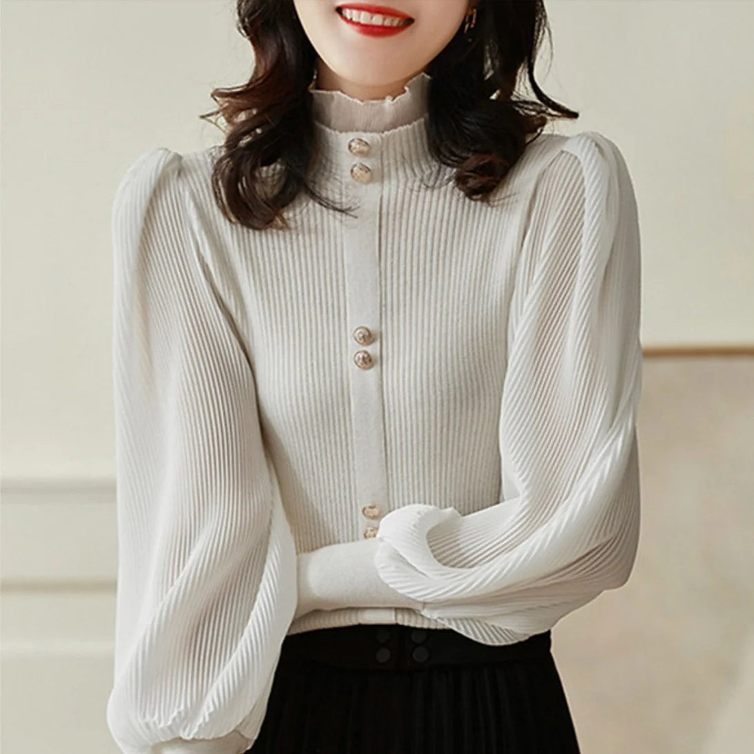 Women's Ruffle Mock Neck Pleated Sleeve Blouse