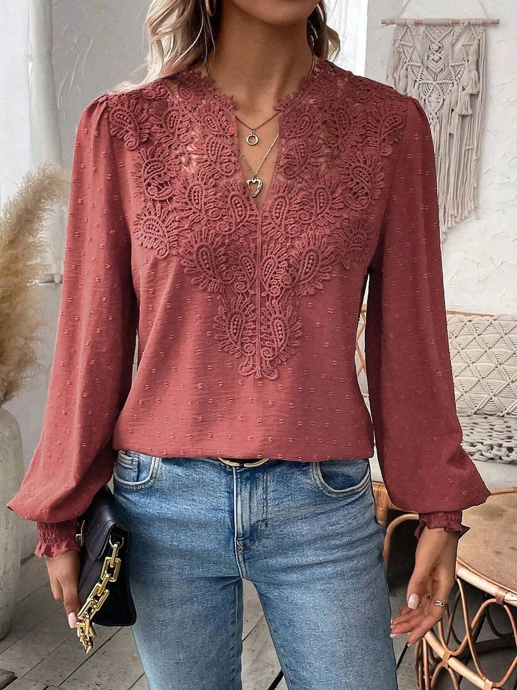 Women's Swiss Dot Lace Puff Sleeve Blouse