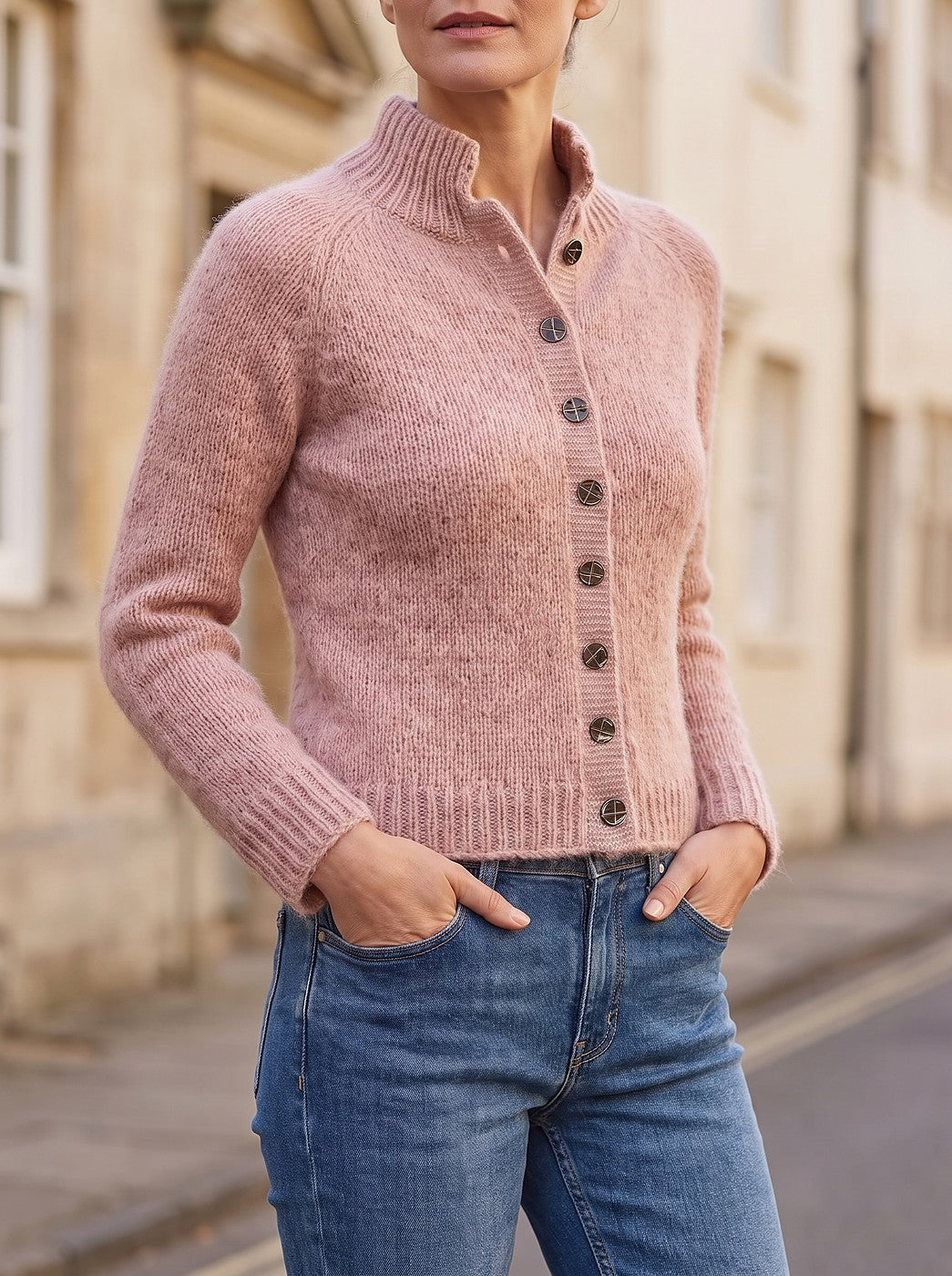 Women's Fluffy Button Up High Neck Cardigan