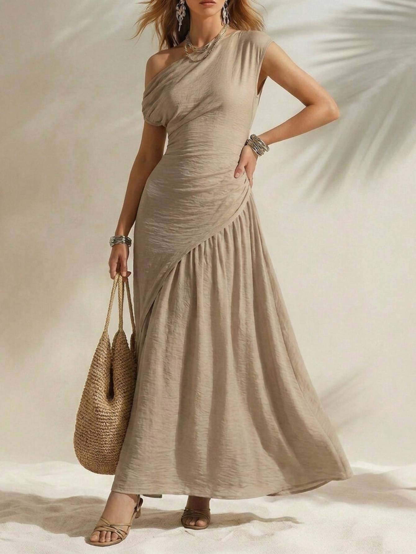 Women's One Shoulder Ruched Flowy Maxi Dress