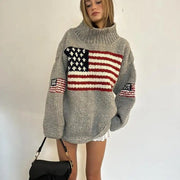 Women's American Flag Oversized Turtleneck Sweater