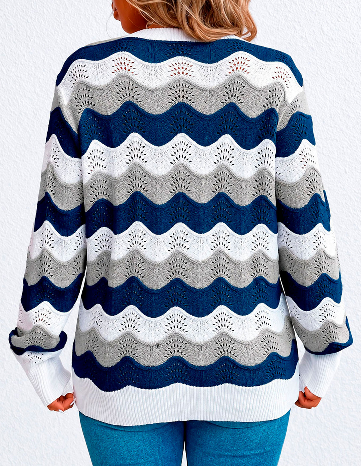 Women's Wave Pattern Long Sleeve Knit Sweater