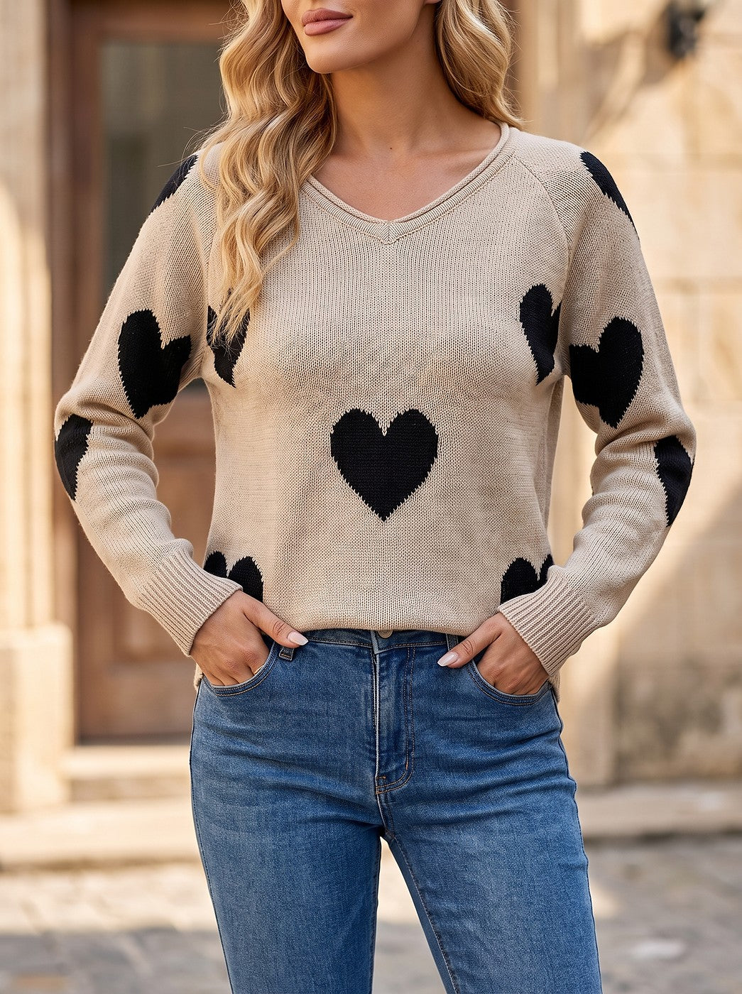 Women's Heart Motif Rolled V Neck Pullover