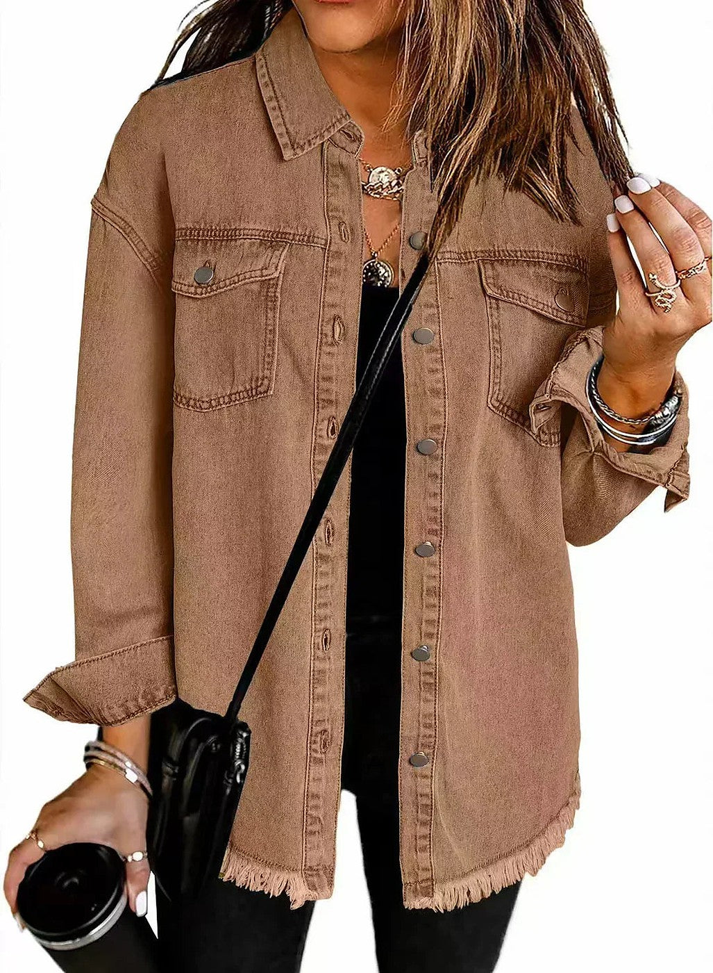 Women's Relaxed Frayed Hem Denim Shacket