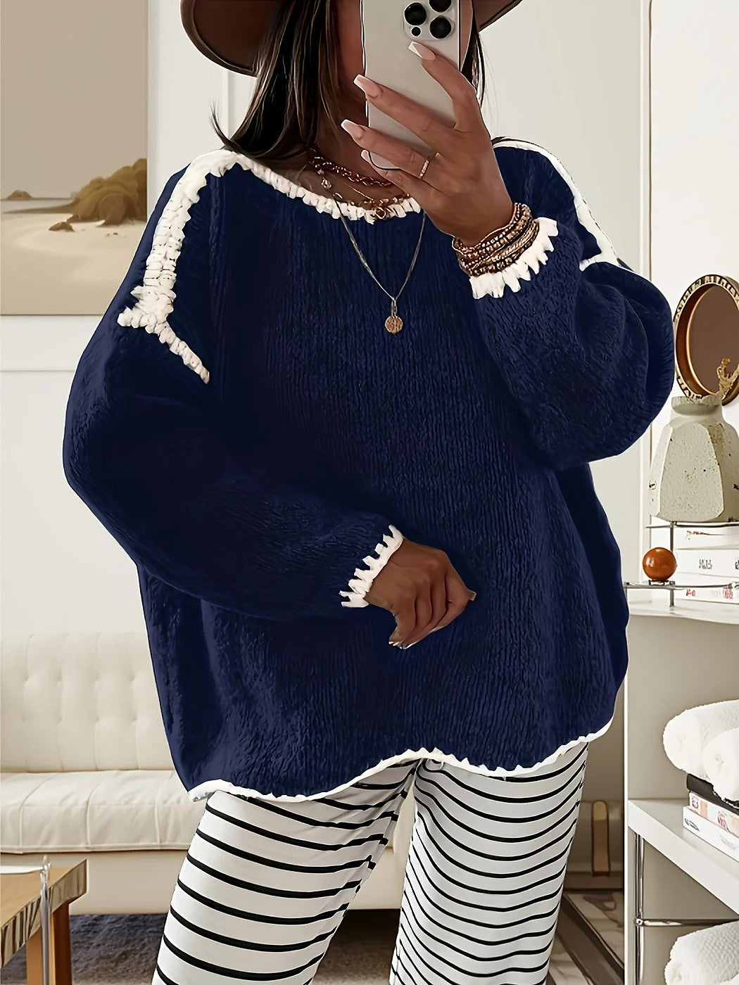 Women's Brushed Knit Contrast Trim Oversized Sweater