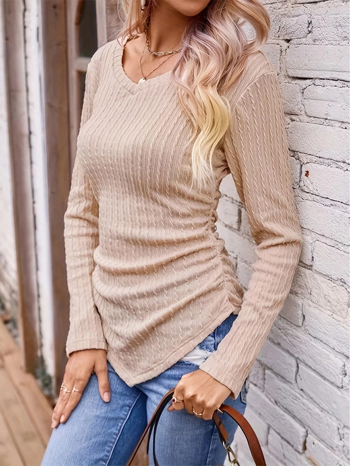 Women's Irregular Hem V Neck Knit Sweater