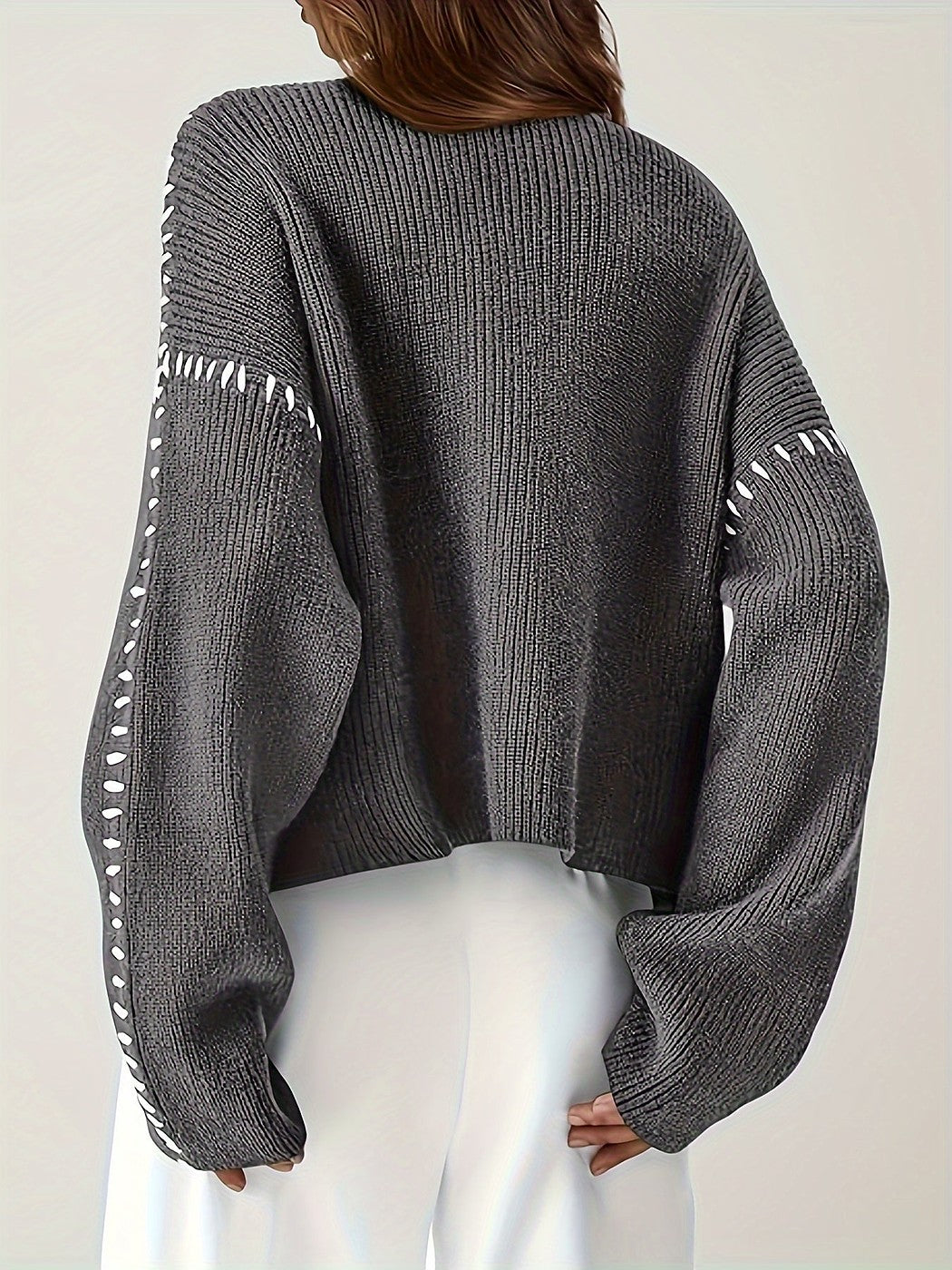 Women's Whipstitch Detail Mock Neck Ribbed Sweater