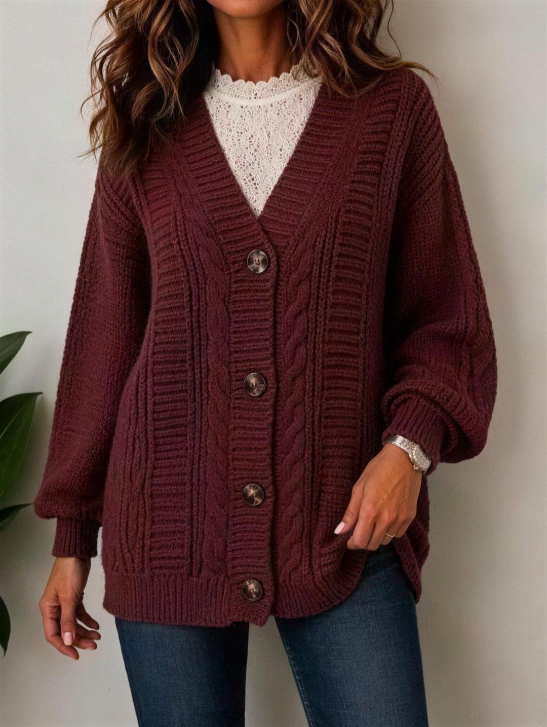 Women's Chunky Cable Button Cardigan