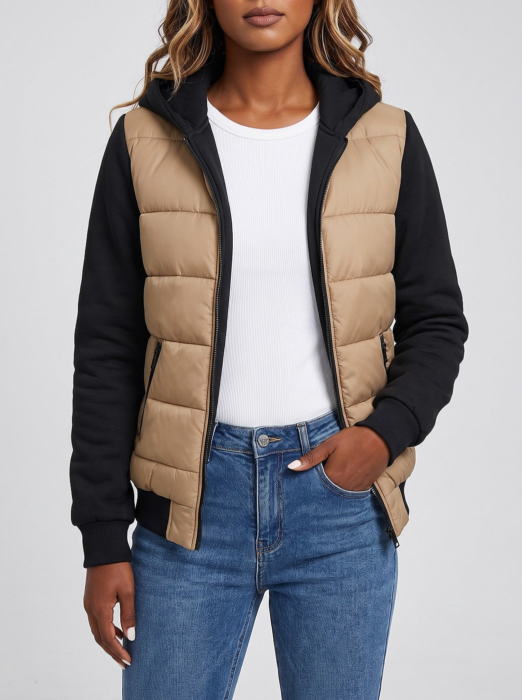 Women's Hooded Puffer Jacket Contrast Fleece Sleeves