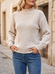 Women's Textured Mock Neck Pullover Button Cuffs