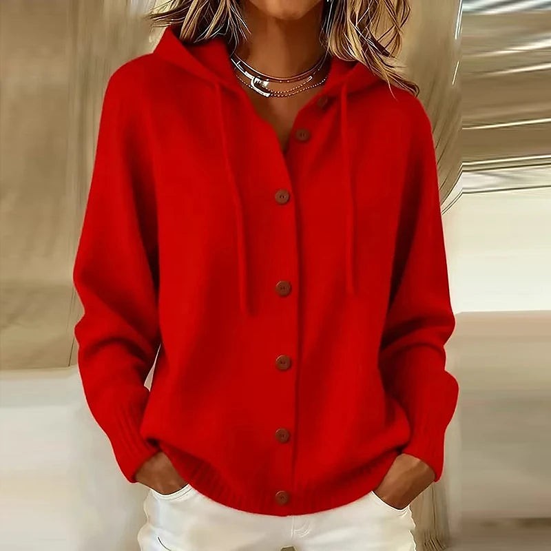 Women's Drawstring Hooded Knit Cardigan Wood Buttons