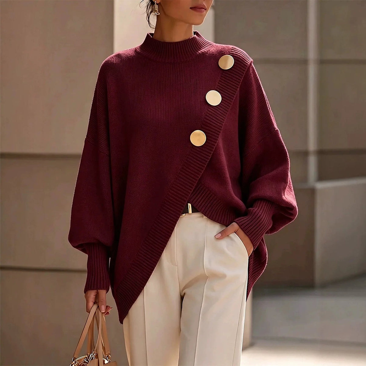 Women's Oversized Mock Neck Asymmetric Hem Sweater