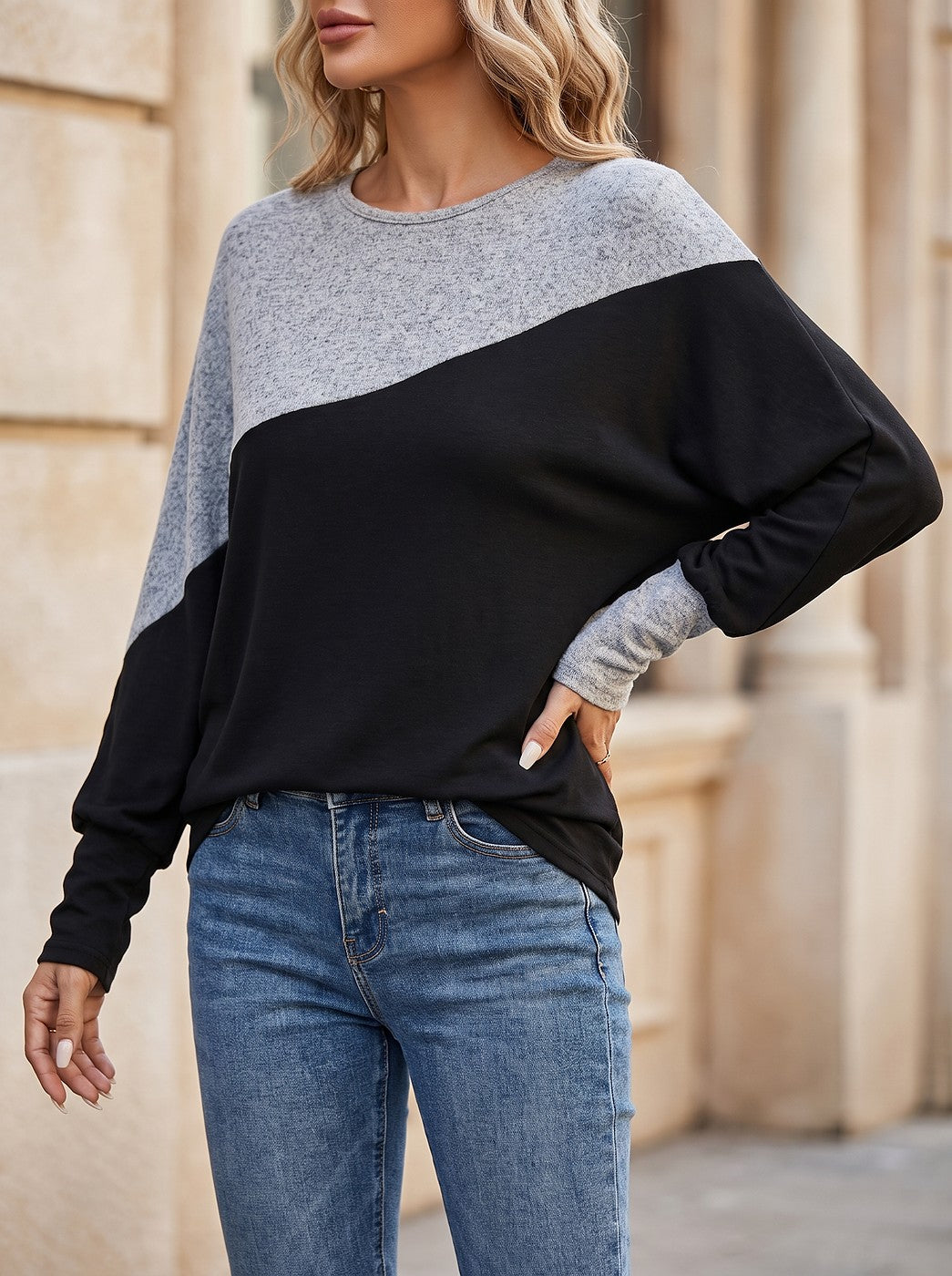 Women's Diagonal Colorblock Dolman Sleeve Top