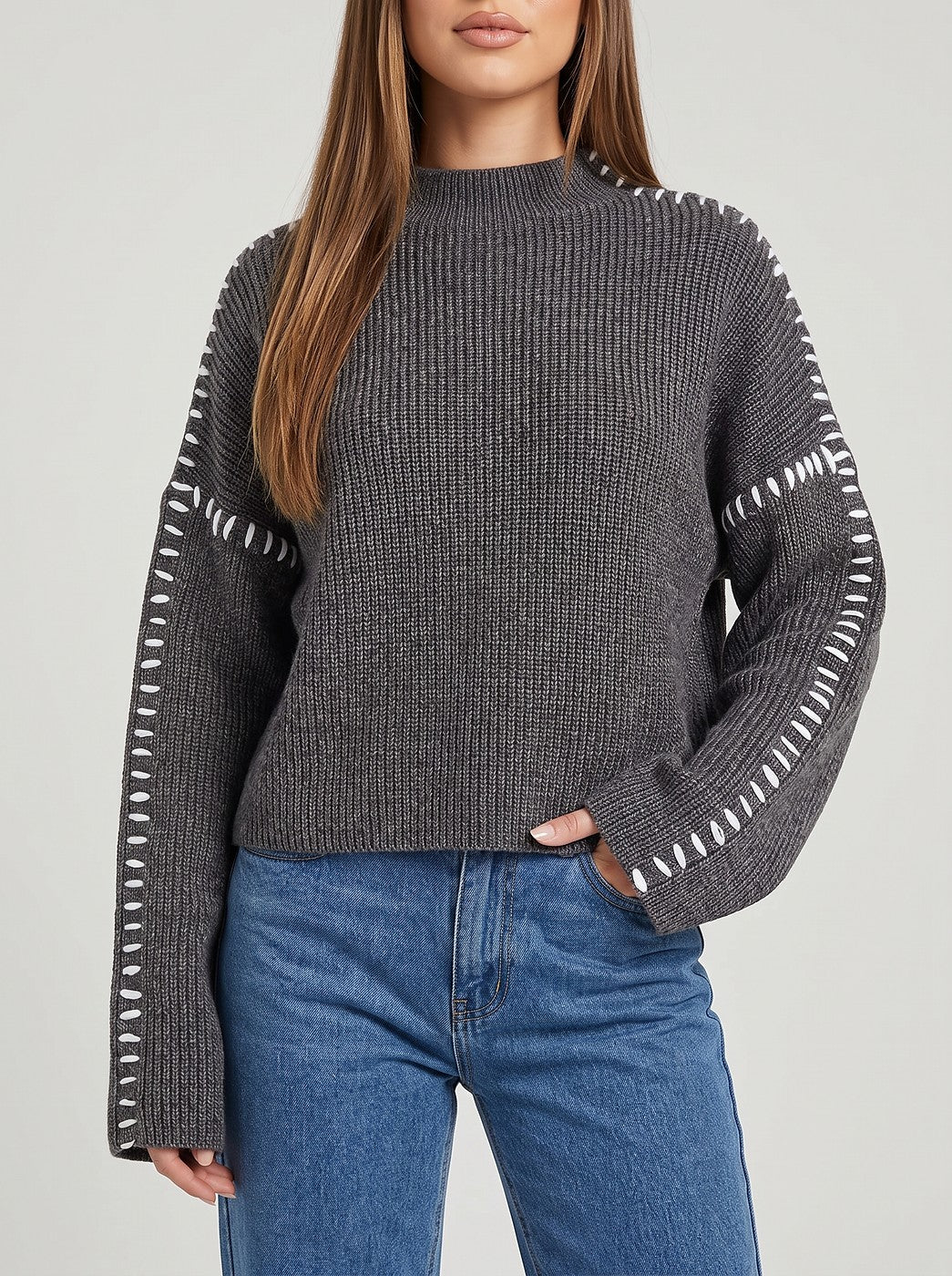 Women's Whipstitch Detail Mock Neck Ribbed Sweater