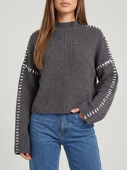 Women's Whipstitch Detail Mock Neck Ribbed Sweater