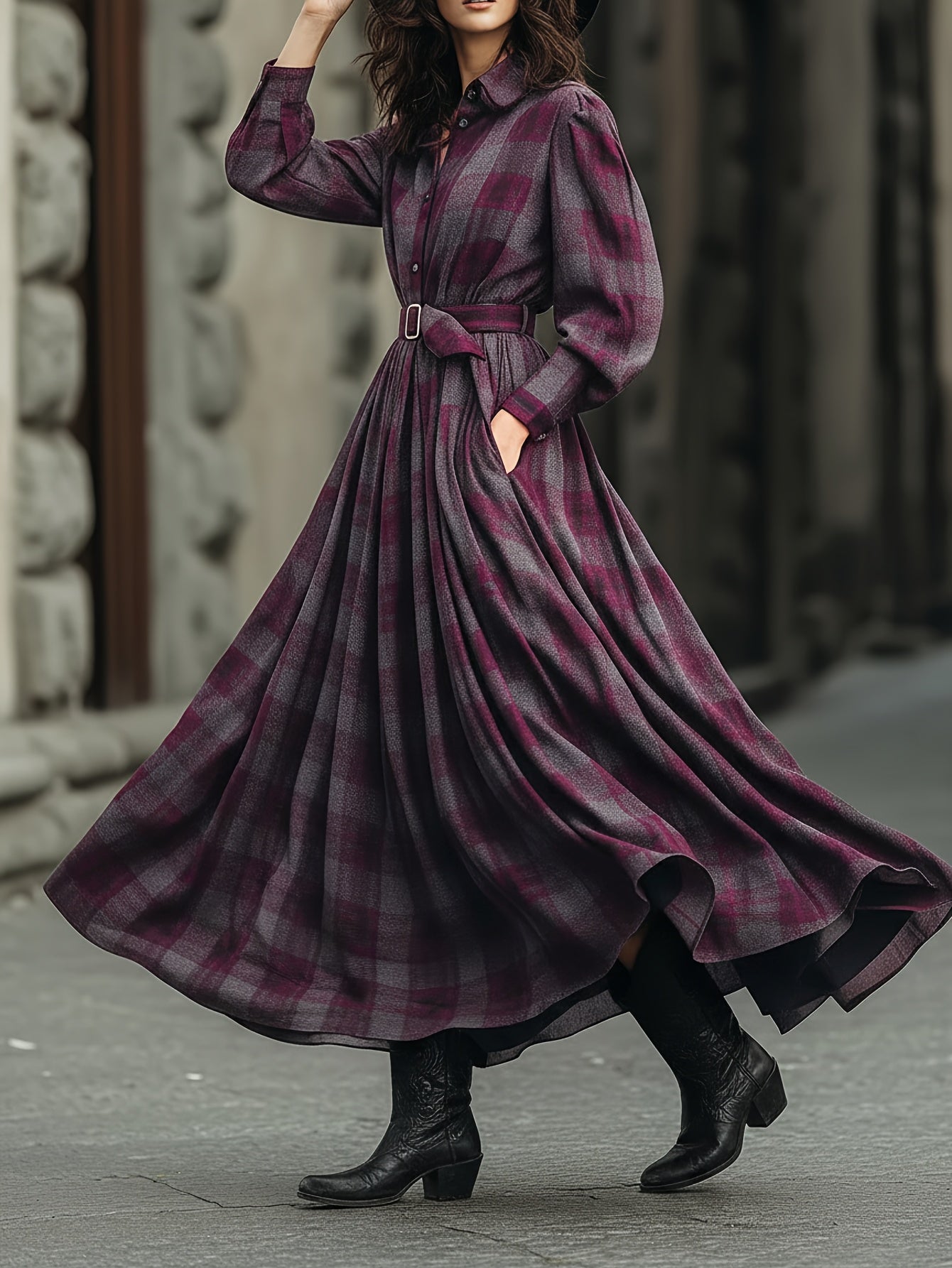 Women's Vintage Neckline Evening Dress in Plum