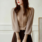 Women's Ruffle Mock Neck Pleated Sleeve Blouse