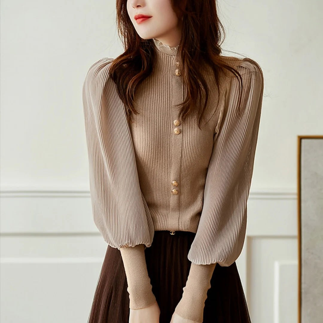 Women's Ruffle Mock Neck Pleated Sleeve Blouse