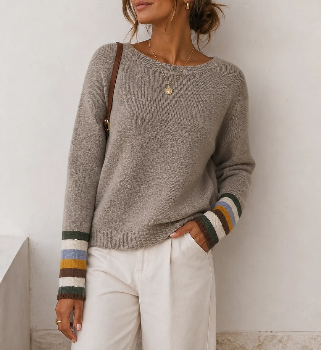 Women's Contrast Stripe Cuff Crewneck Sweater