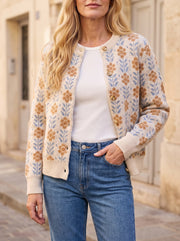Women's Floral Jacquard Crew Neck Cardigan