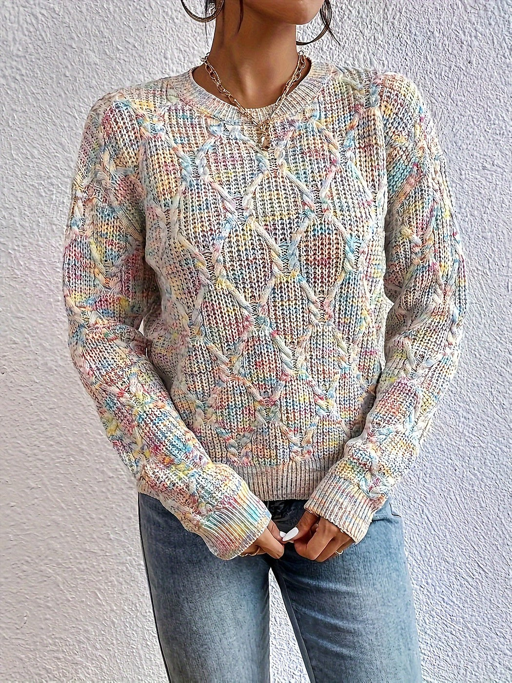 Women's Heathered Diamond Cable Knit Pullover