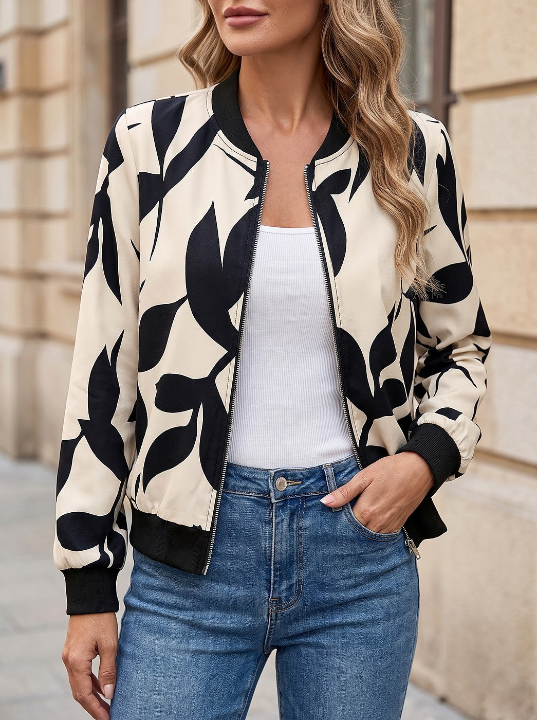 Women's Leaf Print Baseball Collar Bomber Jacket