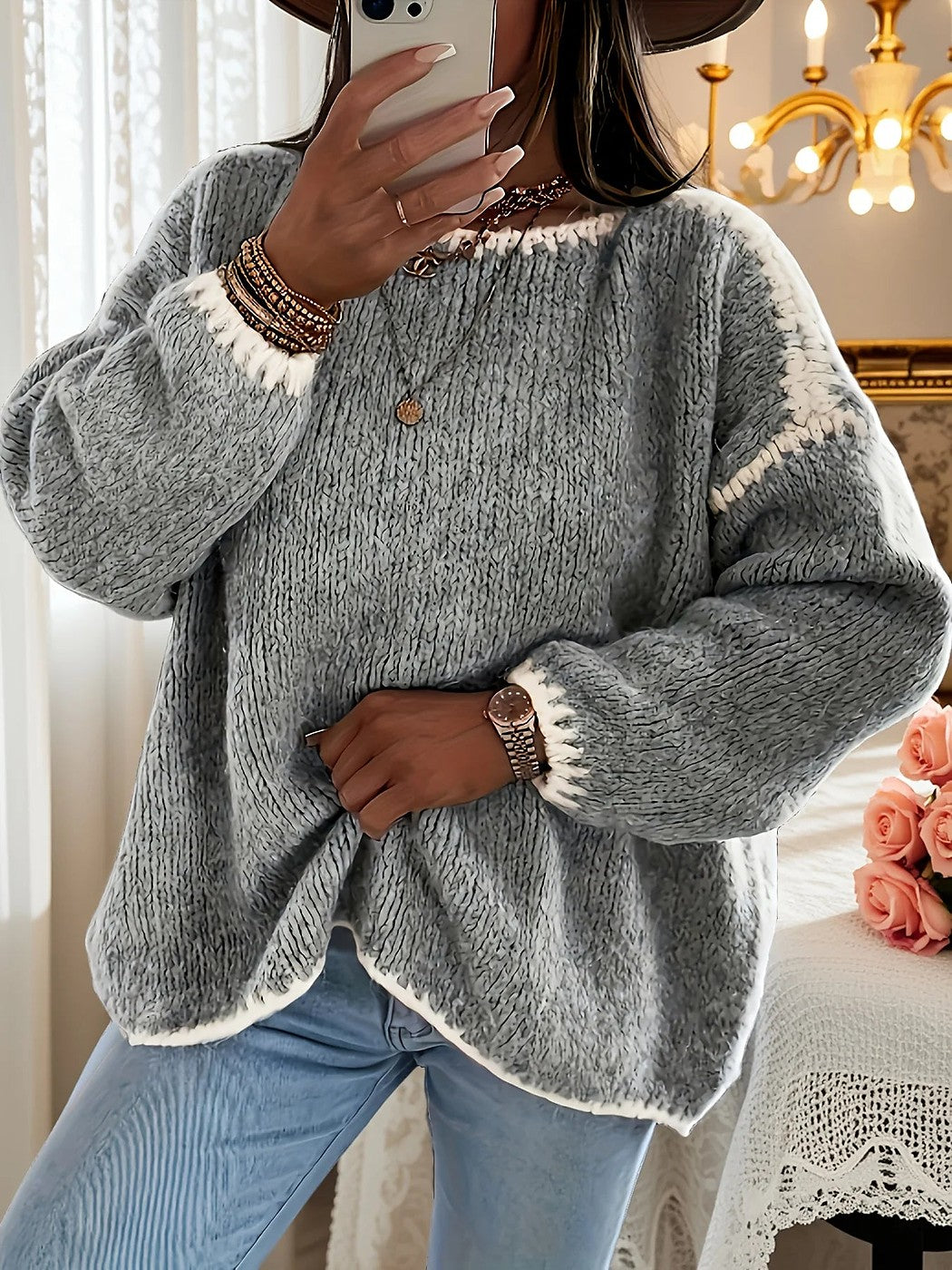 Women's Brushed Knit Contrast Trim Oversized Sweater