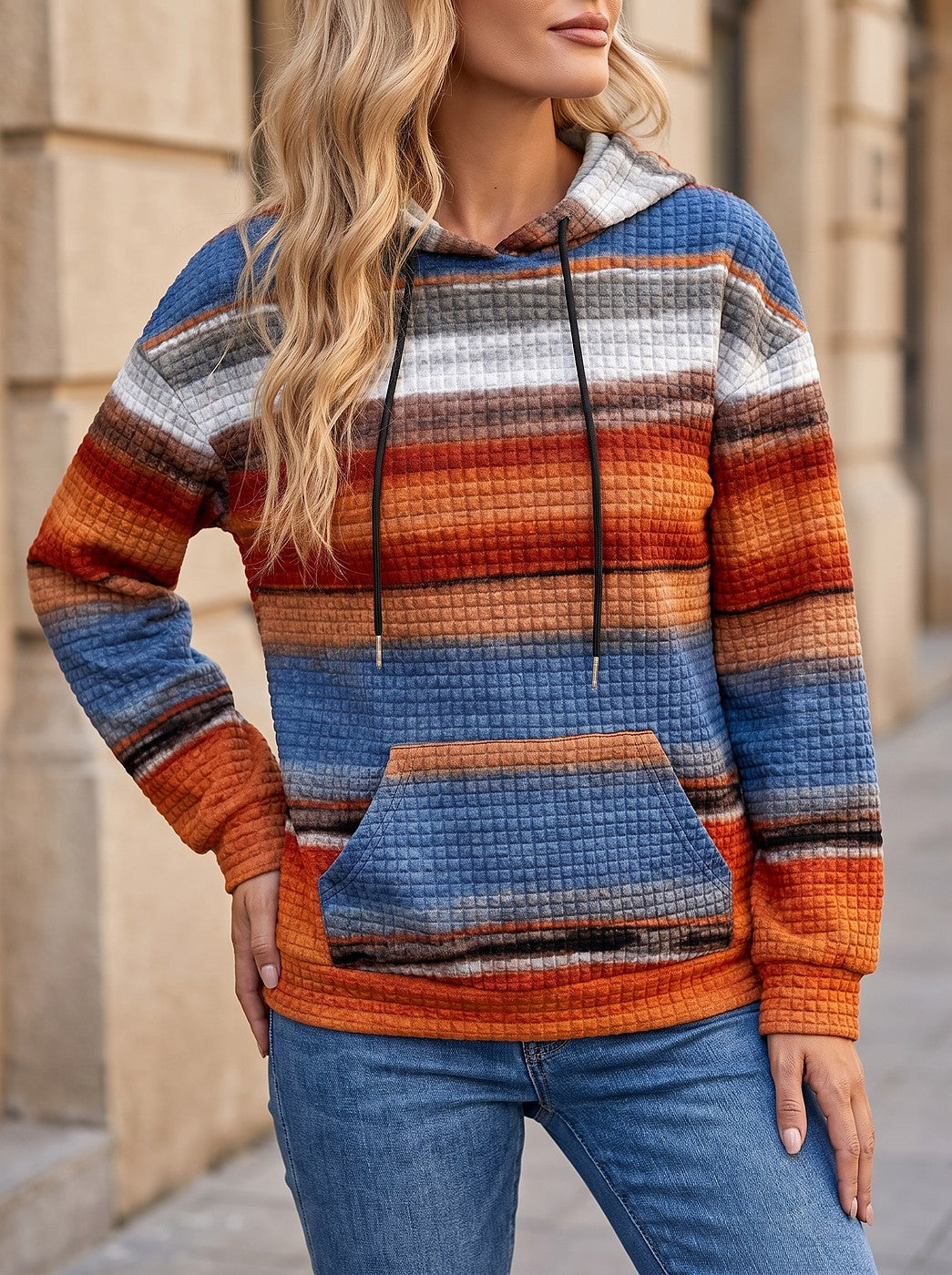Women's Striped Waffle Knit Kangaroo Pocket Hoodie