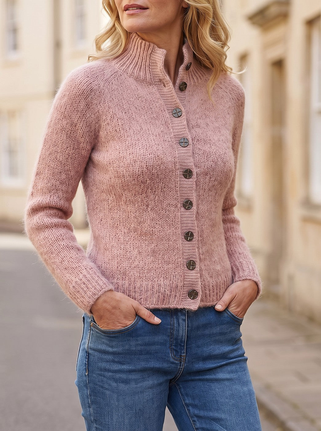 Women's Fluffy Button Up High Neck Cardigan