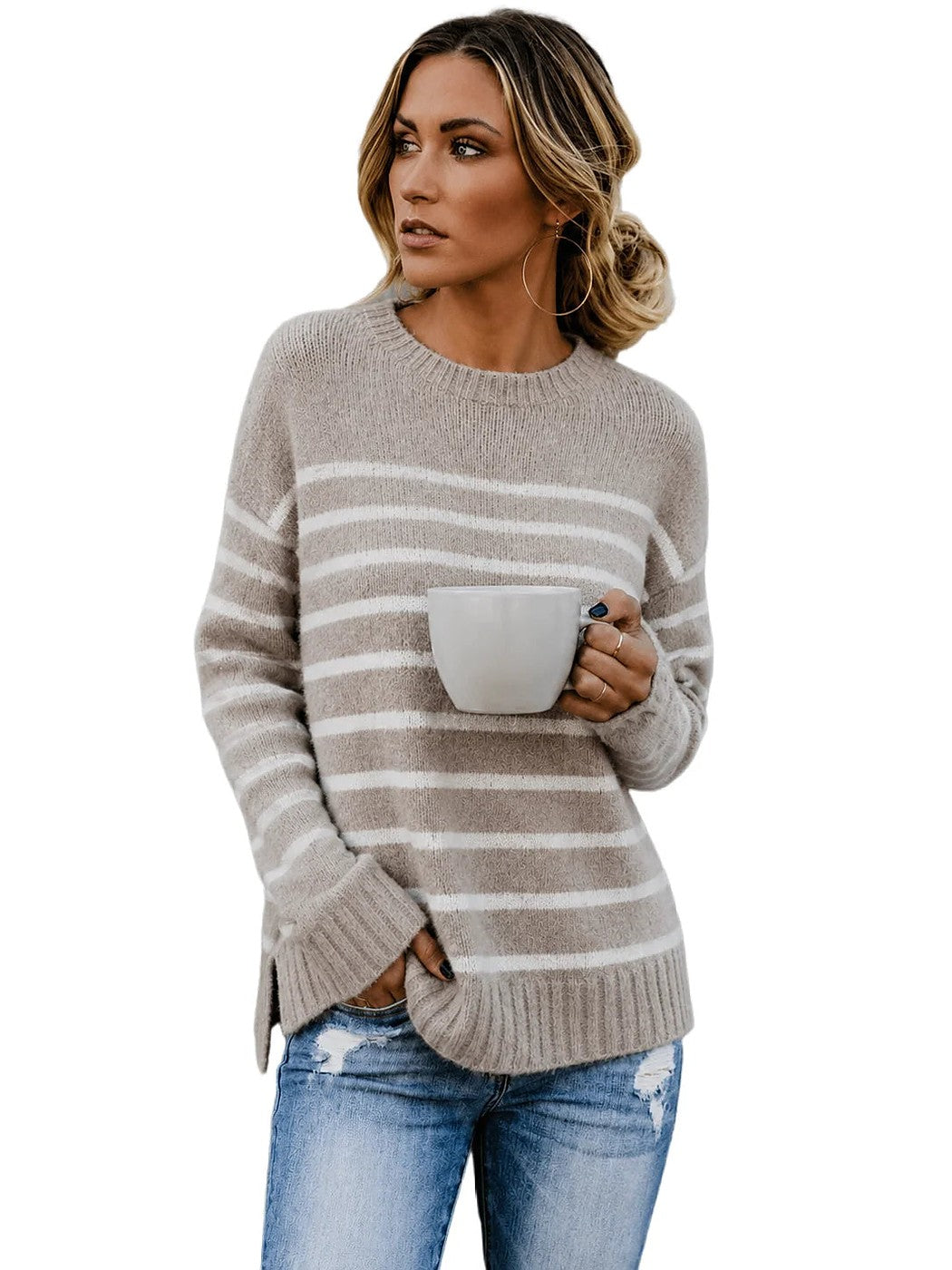 Women's Wide Stripe Crewneck Sweater Side Slit
