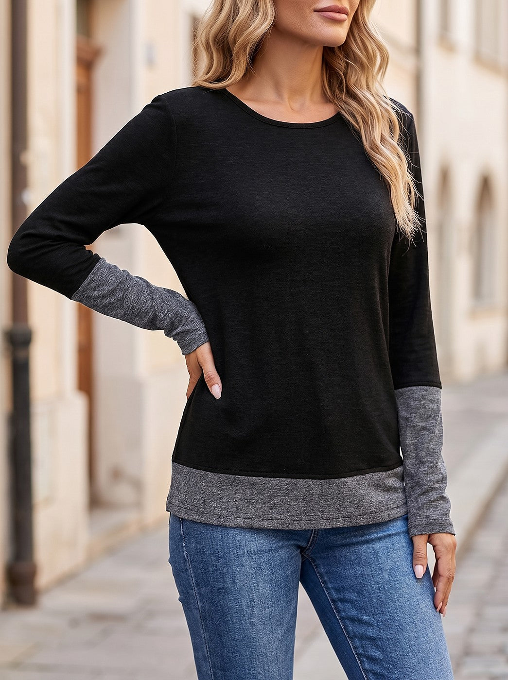 Women's Contrast Cuff Hem Long Sleeve Top