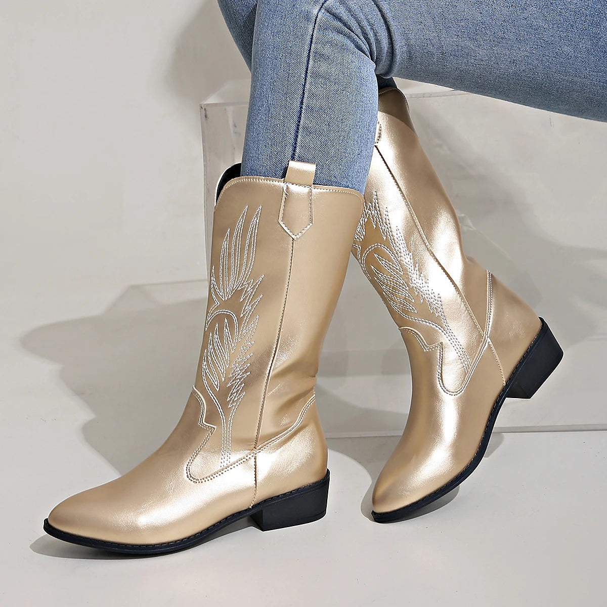 Women's Denim Cowboy Boots Pull Tabs