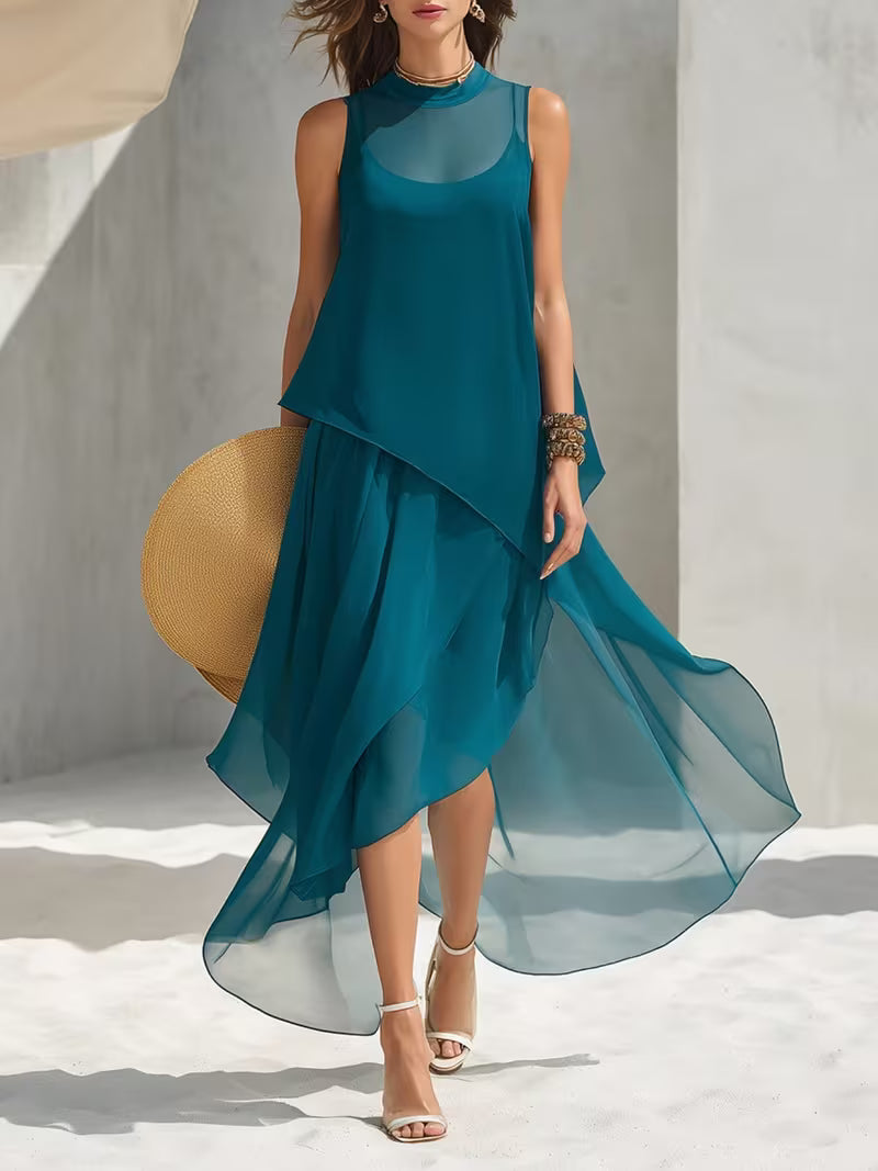 Women's Sleeveless Chiffon Layered High-Low Maxi Dress