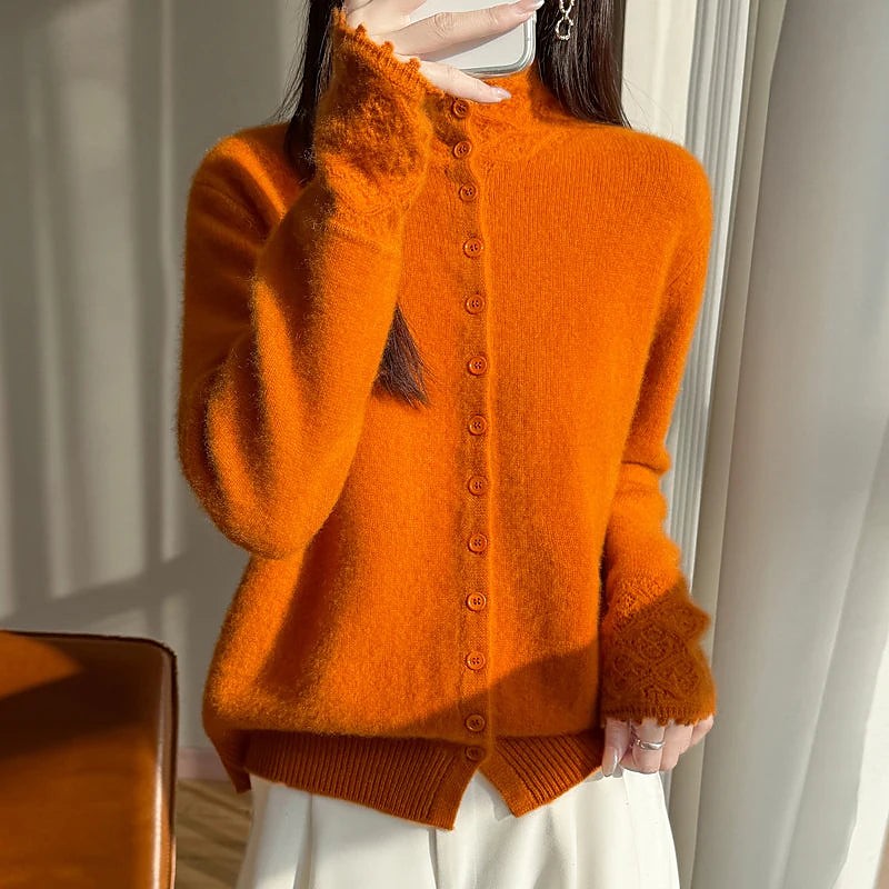 Women's Mohair Button Up Cardigan Mock Neck