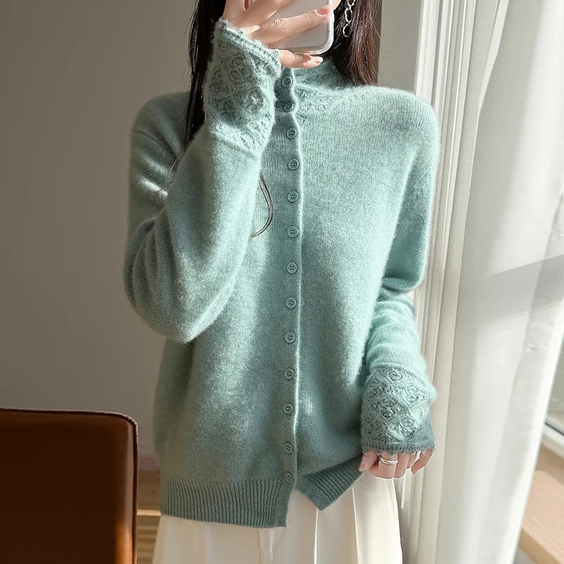 Women's Mohair Button Up Cardigan Mock Neck