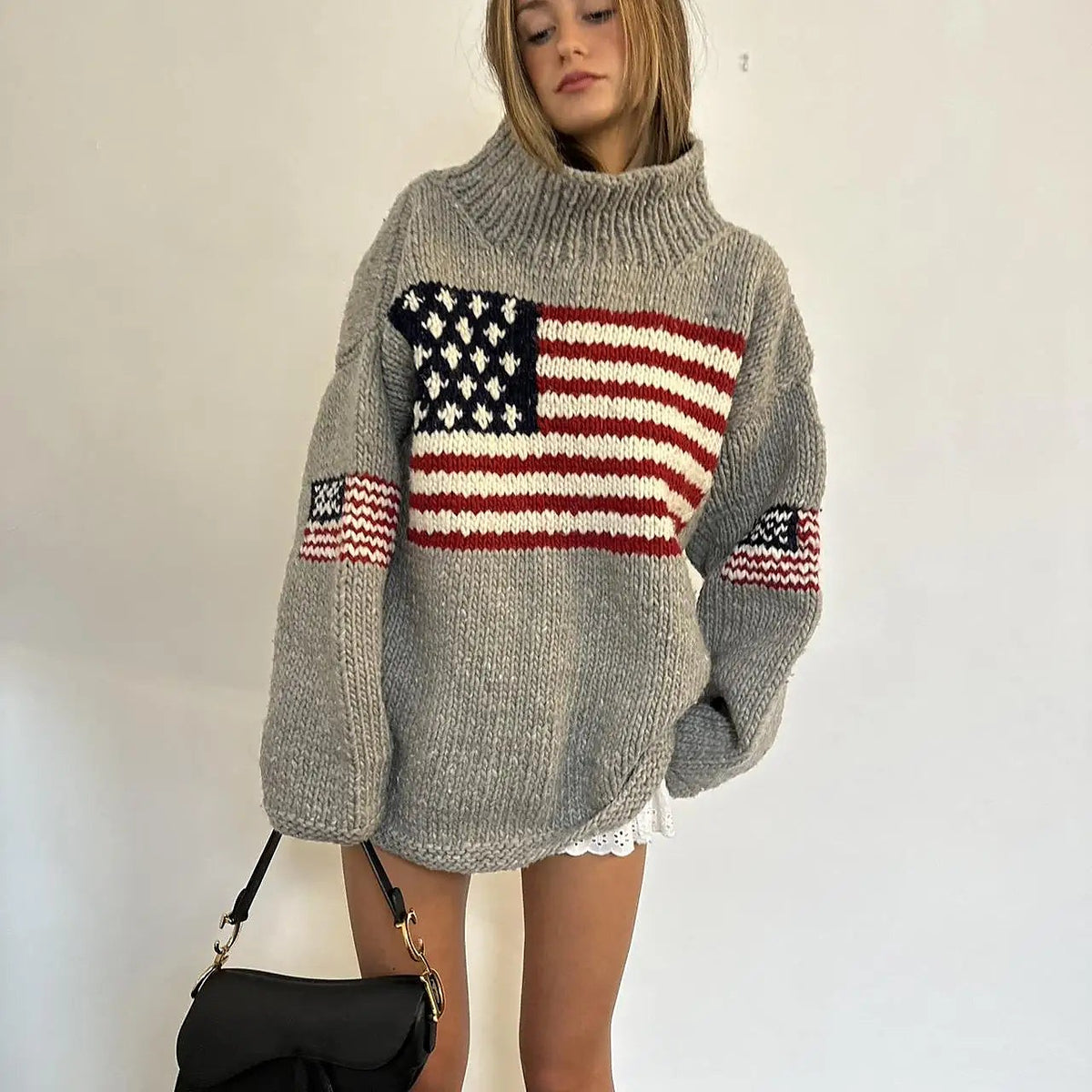 Women's American Flag Oversized Turtleneck Sweater