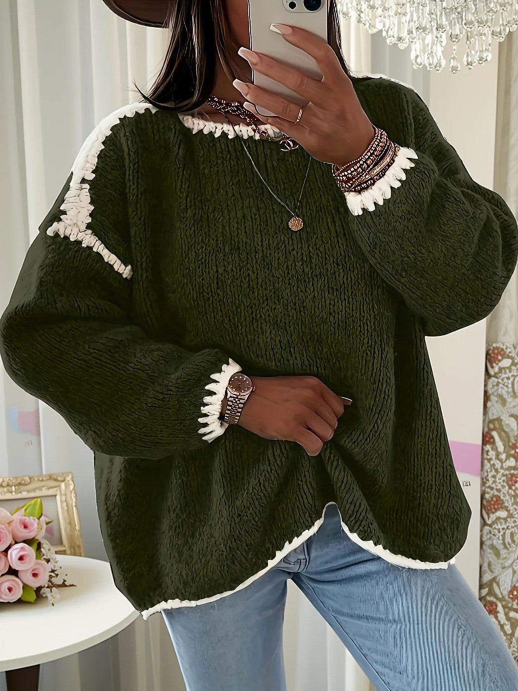 Women's Brushed Knit Contrast Trim Oversized Sweater