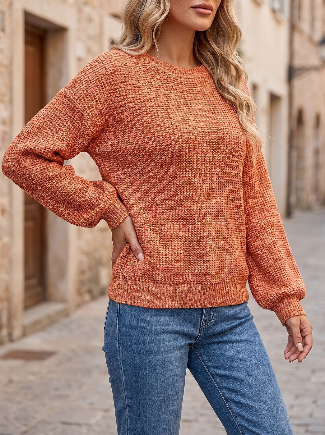 Women's Waffle Knit Puff Sleeve Crewneck Pullover