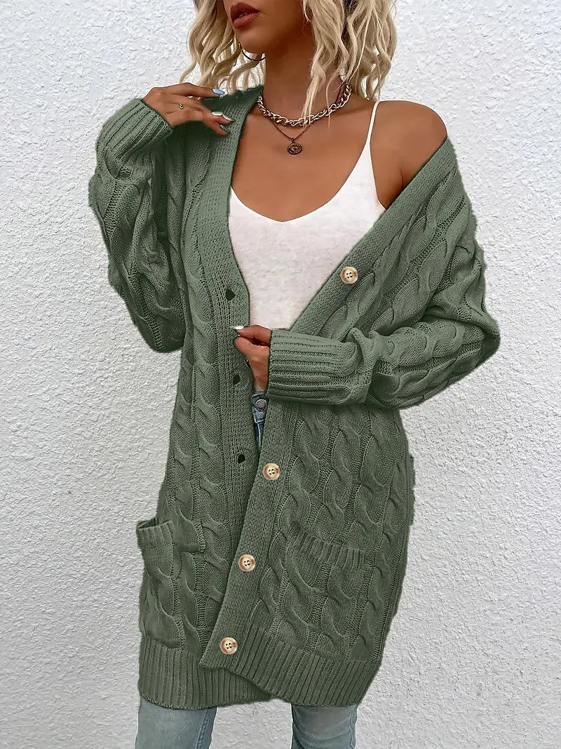 Women's Longline Cable Knit Cardigan Patch Pockets