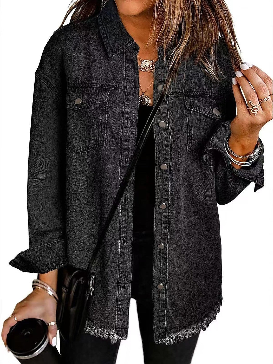 Women's Relaxed Frayed Hem Denim Shacket