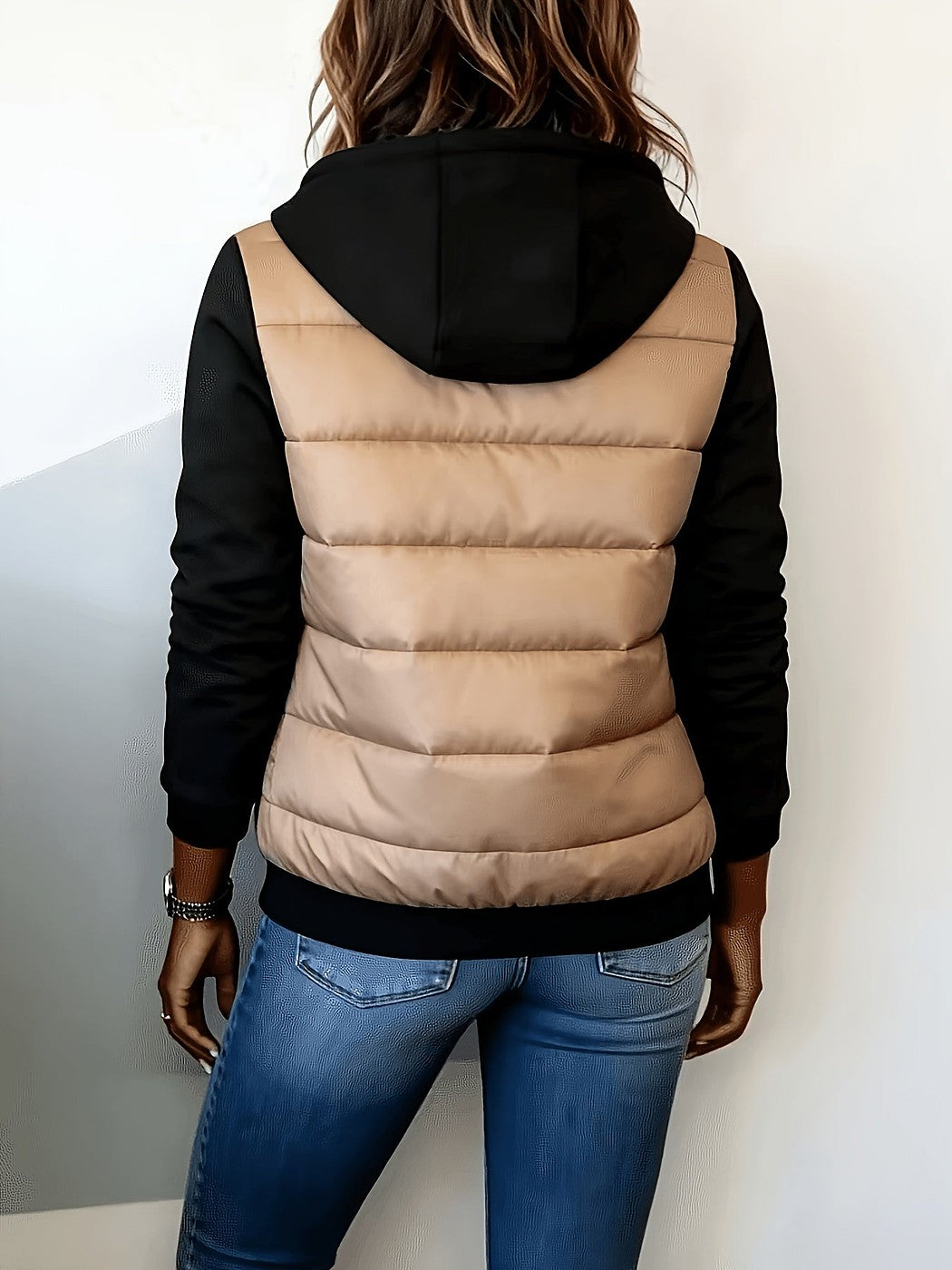 Women's Hooded Puffer Jacket Contrast Fleece Sleeves