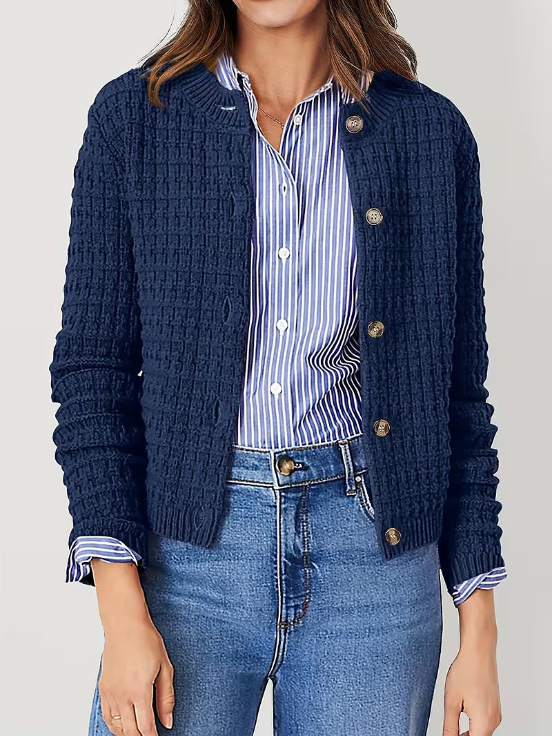 Women's Waffle Knit Cardigan with Metal Buttons